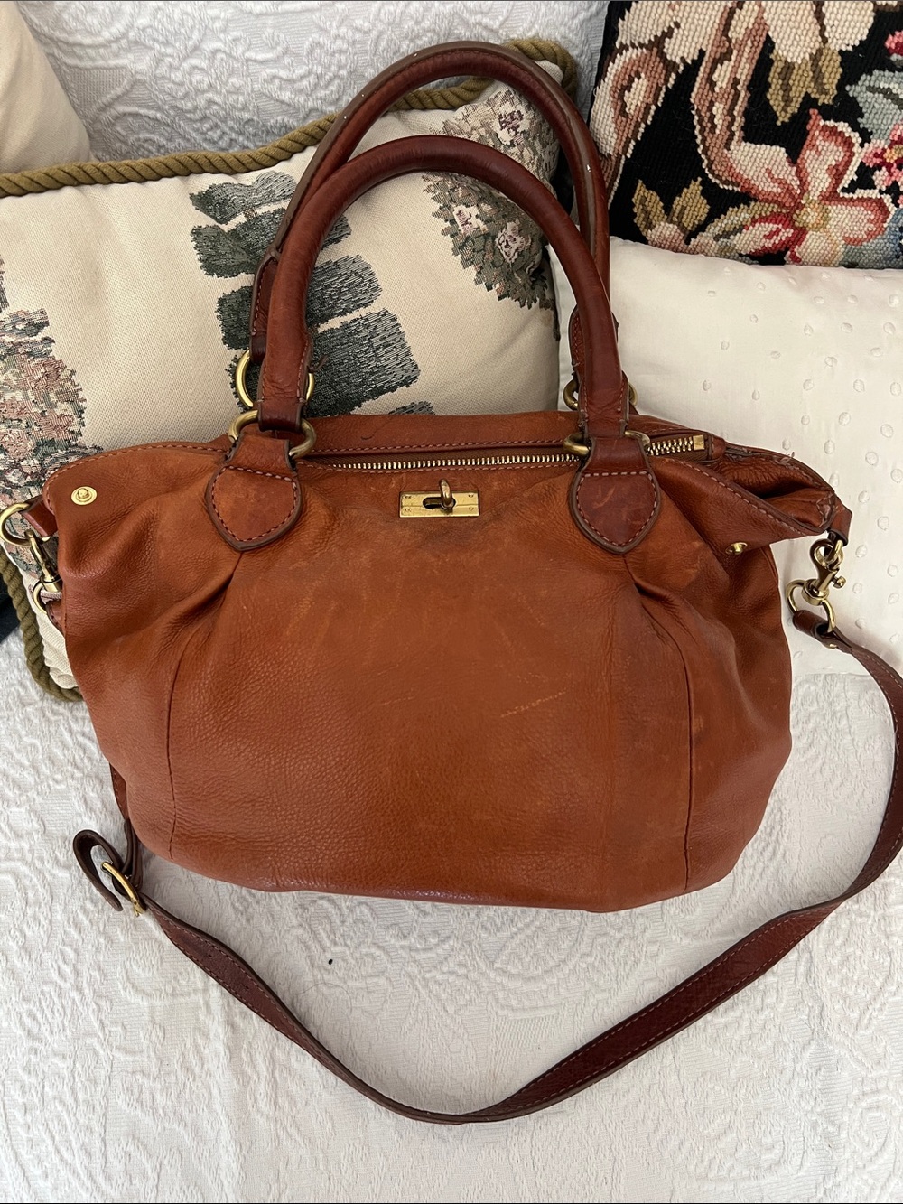 J. Crew Tan Cognac Leather Satchel with Gold Hardware